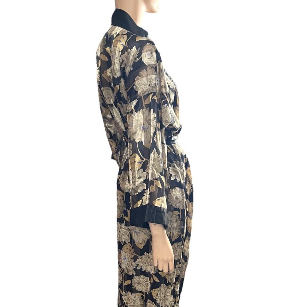 Vintage Judith Hart Black Floral Semi Sheer Maxi Long Robe Kimono Sleeve - Picture 6 of 12